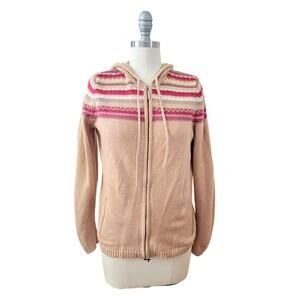 Eddie Bauer Petite M Hoodie Sweater Zip Up Tan Fair Isle Angora Blend Women’s
